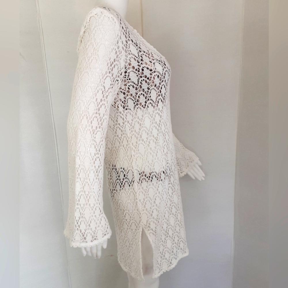 MILLY Cabana White Crochet Bell Sleeve V-Neck Swimwear Cover Up Tunic Top Sz L